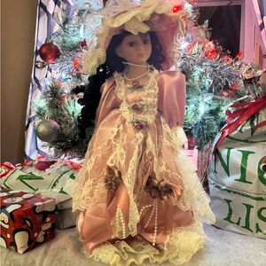 Charming Porcelain Pink Doll with Lace Dress
